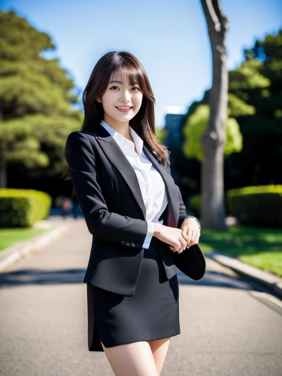 8K,  highest resolution , Wore a strict black business suit , A Japanese woman is standing, Full body leg shot ,  full-body image of a Japanese woman in an empty park , wearing a strict white business suit , short white tight skirt ,  brown ankle strap pumps,  highly detailed face,  beautiful face, Smiling, A Japanese woman with a clean face, The eyes of the audience ,  pretty round pretty eyes ,  thin thighs, Thin legs, Hands are crossed behind the body and can't be seen