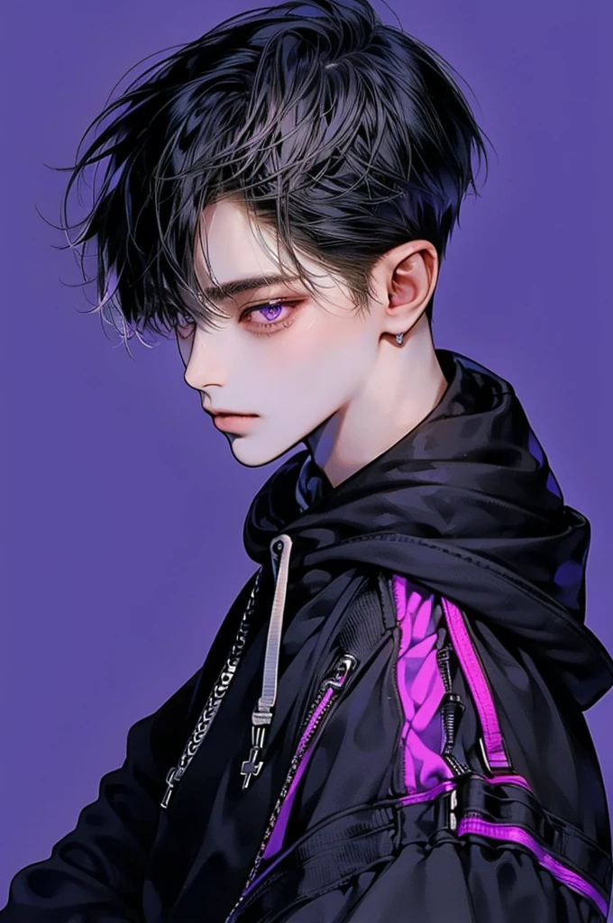 masterpiece, best quality, Detailed Eyes, high quaility, 1 male, male, 1 boy, gentle, soft, handsome, tall, black hair, purple eyes, have a broad shoulders, One person, a hadsome man, Korean man, cool man, undercut, ((짧은 머리)), skinny, ((simple backgroud)), ((be wearing a hoodie))