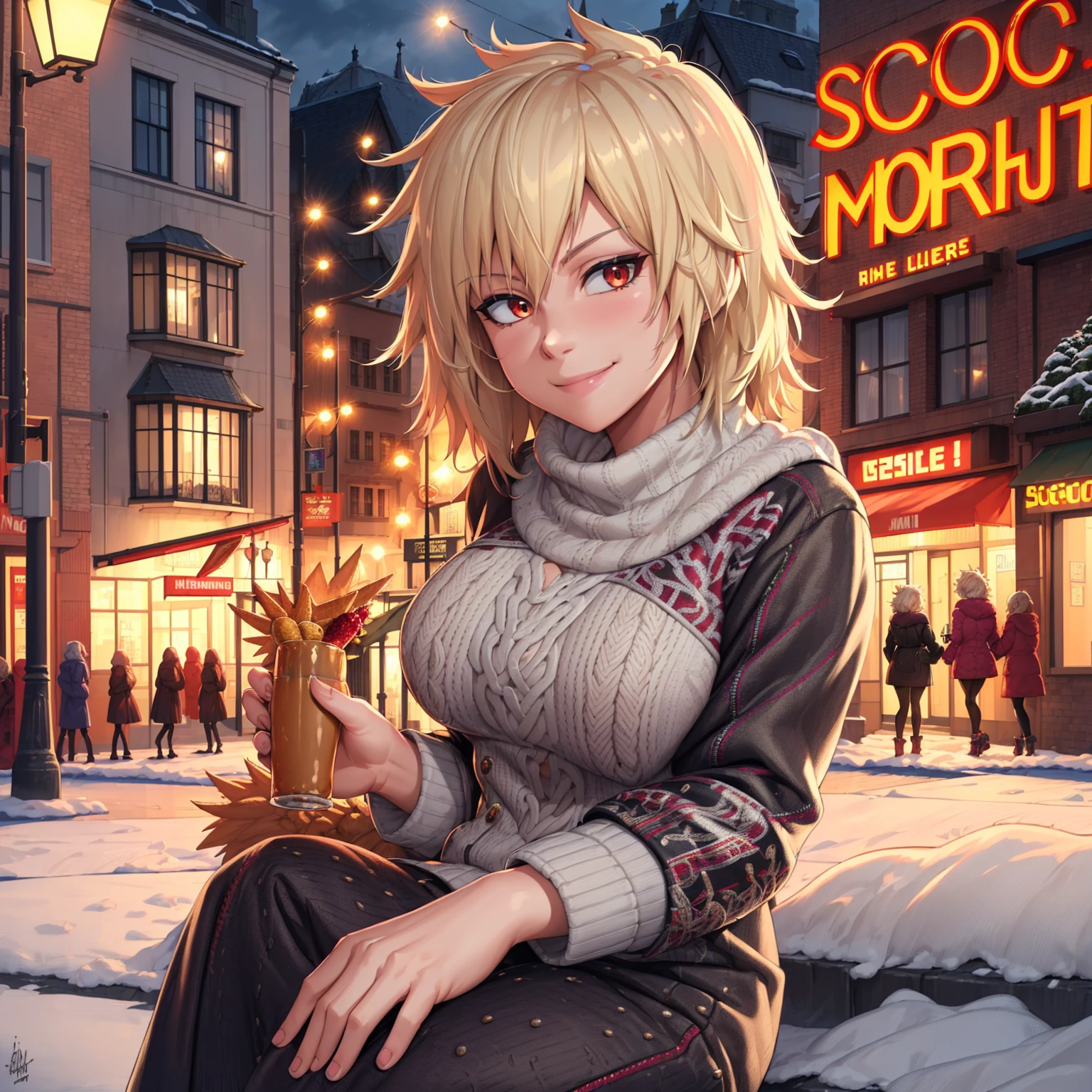 (highres, best quality:1.2), intricate details, vibrant image, sharpness, colorful, bakumilf, solo, mature female, spiky hair, blonde hair, street, winter, warm clothes, smile ((muy escotada))