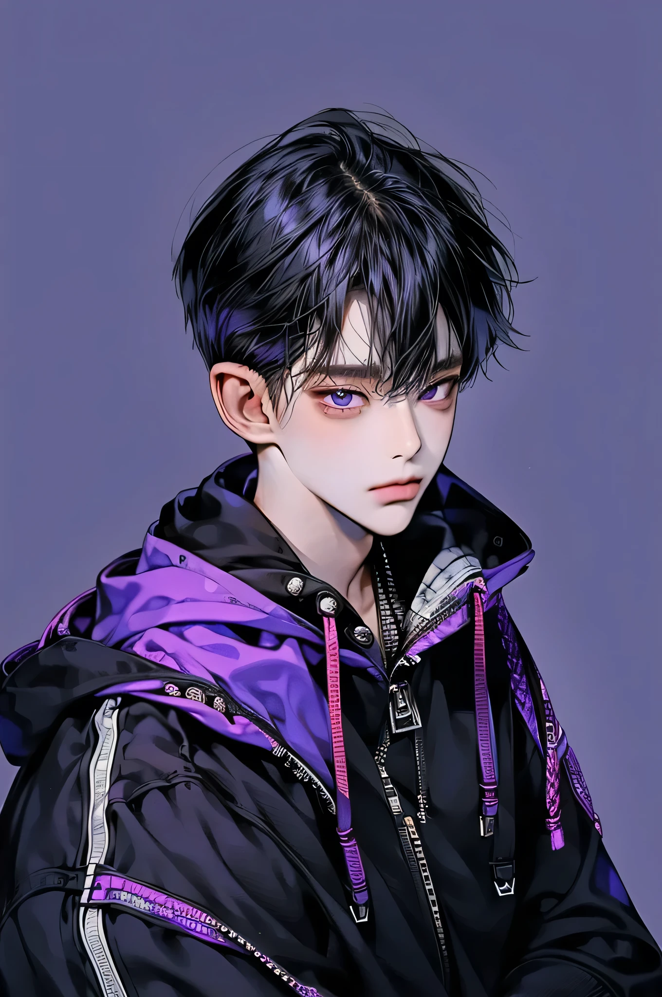 masterpiece, best quality, Detailed Eyes, high quaility, 1 male, male, 1 boy, gentle, soft, handsome, tall, black hair, purple eyes, have a broad shoulders, One person, a hadsome man, Korean man, cool man, undercut, ((짧은 머리)), skinny, ((simple backgroud)), ((be wearing a hoodie))