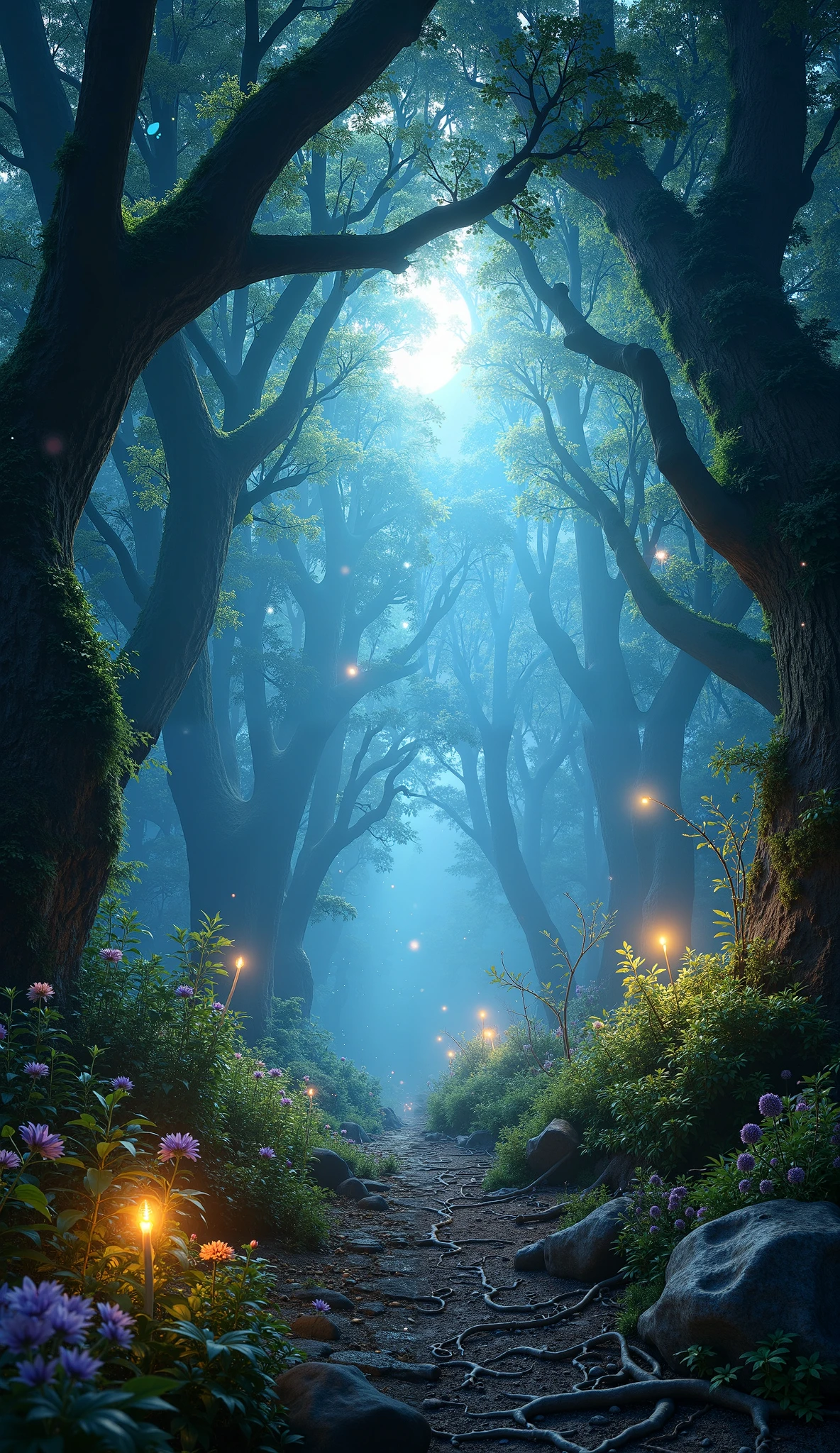 A mysterious enchanting forest illuminated by a soft, ethereal moonlight filtering through the trees. Fireflies drift in the air, glowing gently, while magical particles shimmer, creating a dreamlike atmosphere. The forest is dense, with ancient trees covered in moss and vines, their branches arching overhead to create a natural canopy. Moonlight beams down, casting a silvery glow across the forest floor, illuminating delicate plants and flowers with a mystical radiance. The scene feels fantastical, with soft hues of blue, green, and hints of purple, capturing an otherworldly, serene beauty that invites wonder,