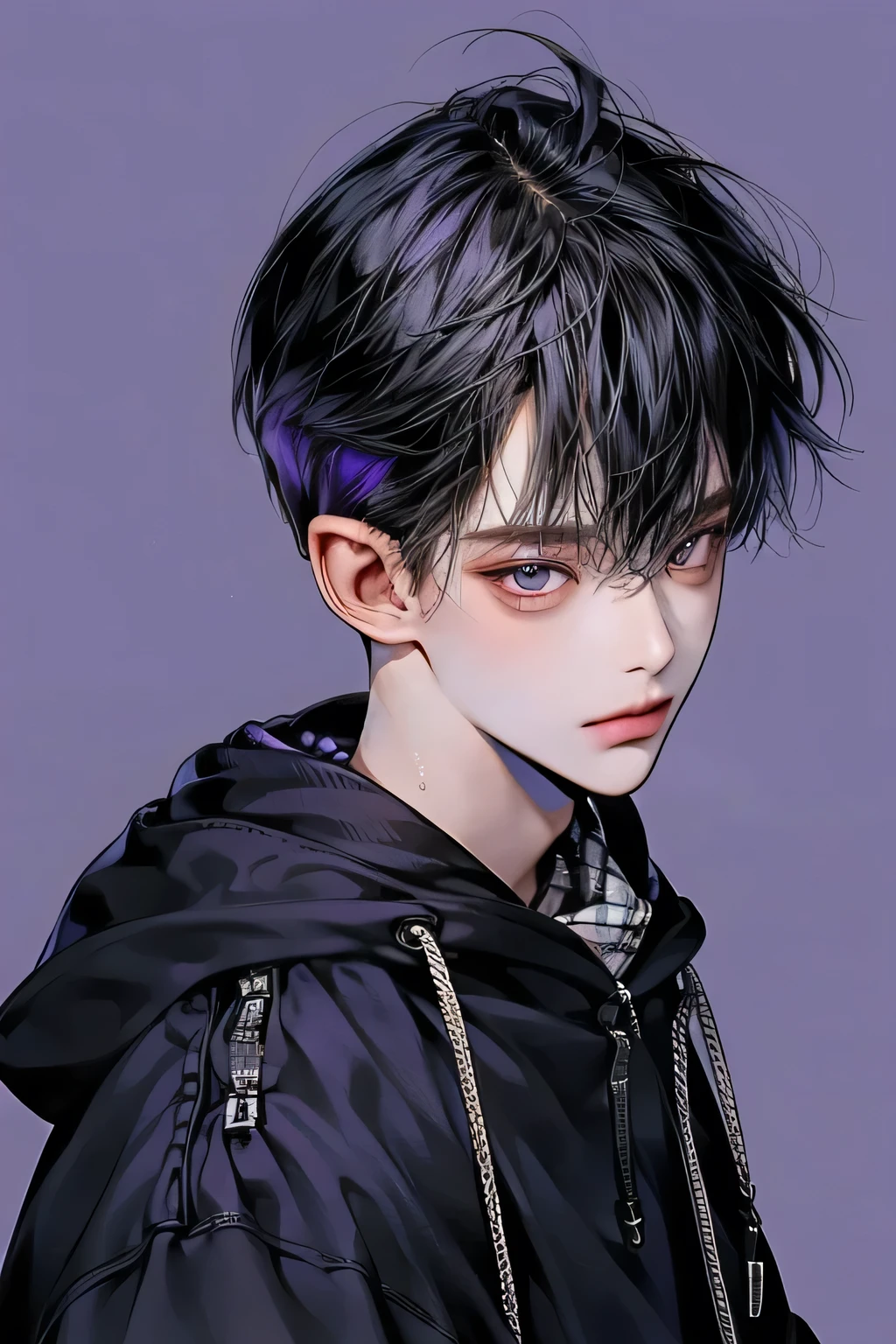 masterpiece, best quality, Detailed Eyes, high quaility, 1 male, male, 1 boy, gentle, soft, handsome, tall, black hair, purple eyes, have a broad shoulders, One person, a hadsome man, Korean man, cool man, undercut, ((짧은 머리)), skinny, ((simple backgroud)), ((be wearing a hoodie))