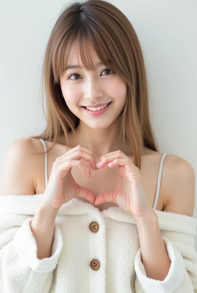 Only one woman with a cute smile wears cute, fluffy off-shoulder pajamas, makes a big heart shape with both hands, and poses them in front of her chest, View above collarbone、The background is a monotone 

