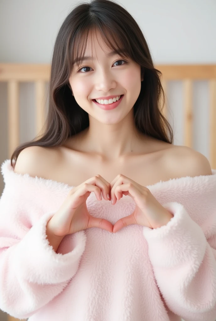 Only one woman with a cute smile wears cute, fluffy off-shoulder pajamas, makes a big heart shape with both hands, and poses them in front of her chest, View above collarbone、The background is a monotone 

