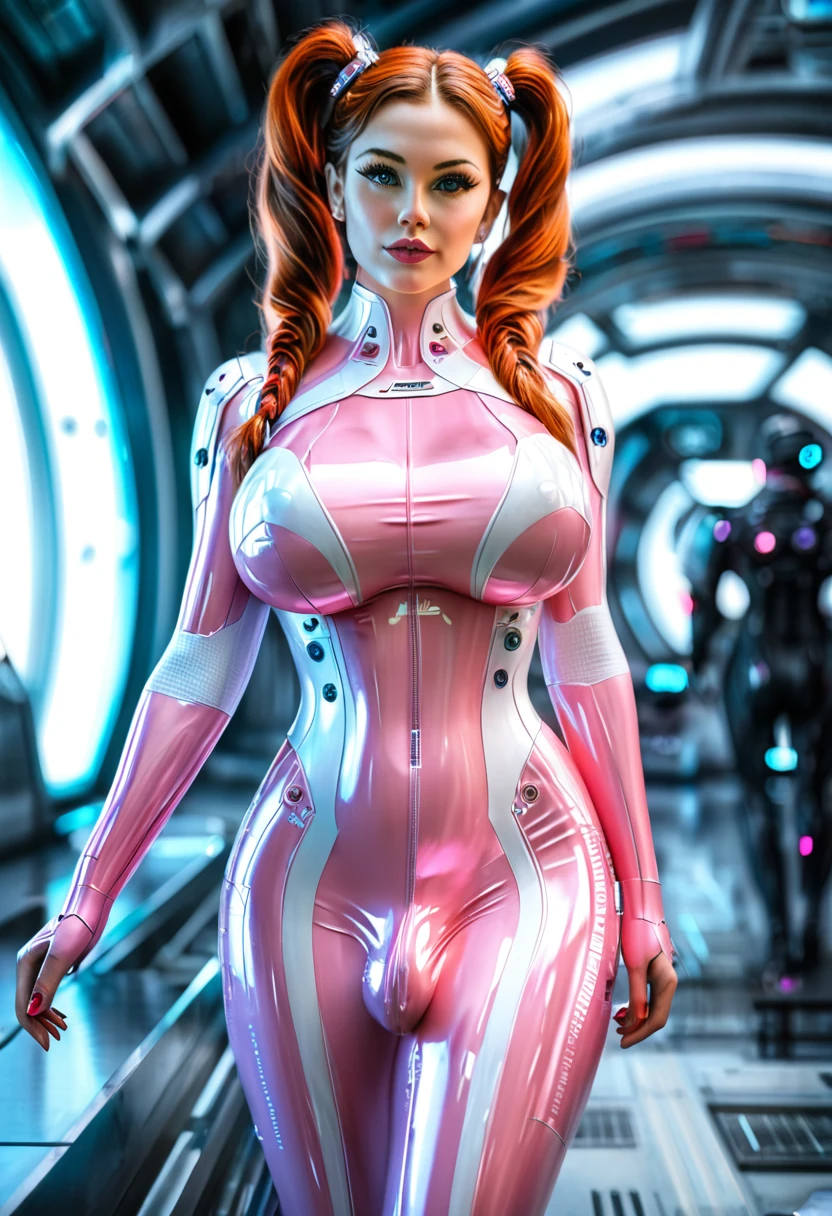 a gorgeous woman with two pigtails, huge breasts, beautiful detailed eyes, beautifully detailed lips, extremely detailed face, long eyelashes, wearing a high-tech suit, Penis bulge outline, walking in a high-tech futuristic building, cinematic lighting, dramatic atmosphere, vibrant colors, intricate details, photorealistic, 8k, best quality, masterpiece, futa