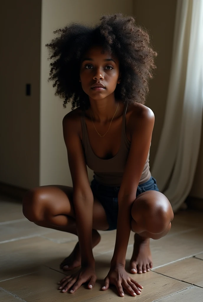 Black skinned girl in a green shirt and jeans on the floor showing her ass