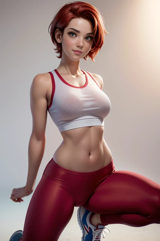 Young woman, slender, athlete, short red hair, brown eyes,  expression of happiness ,  Dynamic posture , face to the camera, gym clothes, sports shoes, dedicated instructor , Masterpiece super detail,  lyrics,  plain white background , without patterns, No textures. 