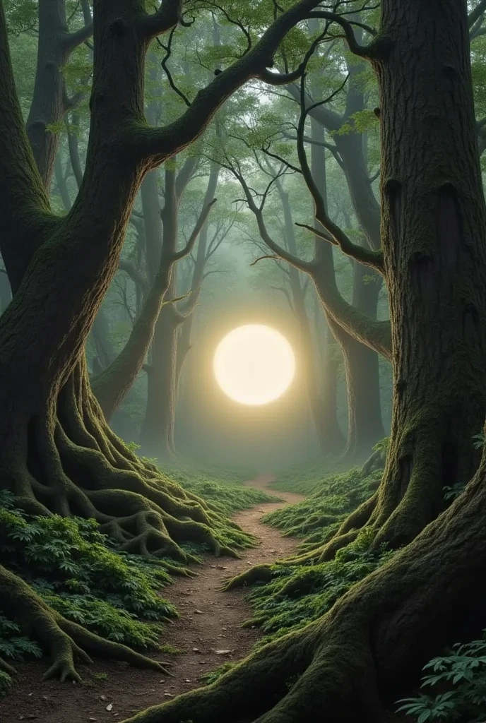 masterpiece、Best Quality、Deep in the forest、 in the midst of many overgrown trees、A mysterious sphere of light appeared 、