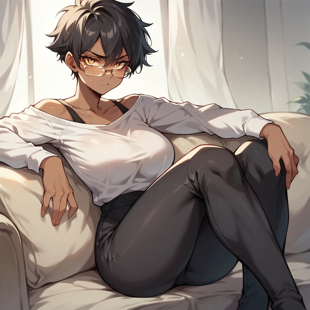 girl muscular girl breasts breasts breasts pale skin black hair yellow eyes thick thick thick baggy sweater sad sad frown mug of hot cocoa cozy on the couch mug of hot cocoa cozy on the couch