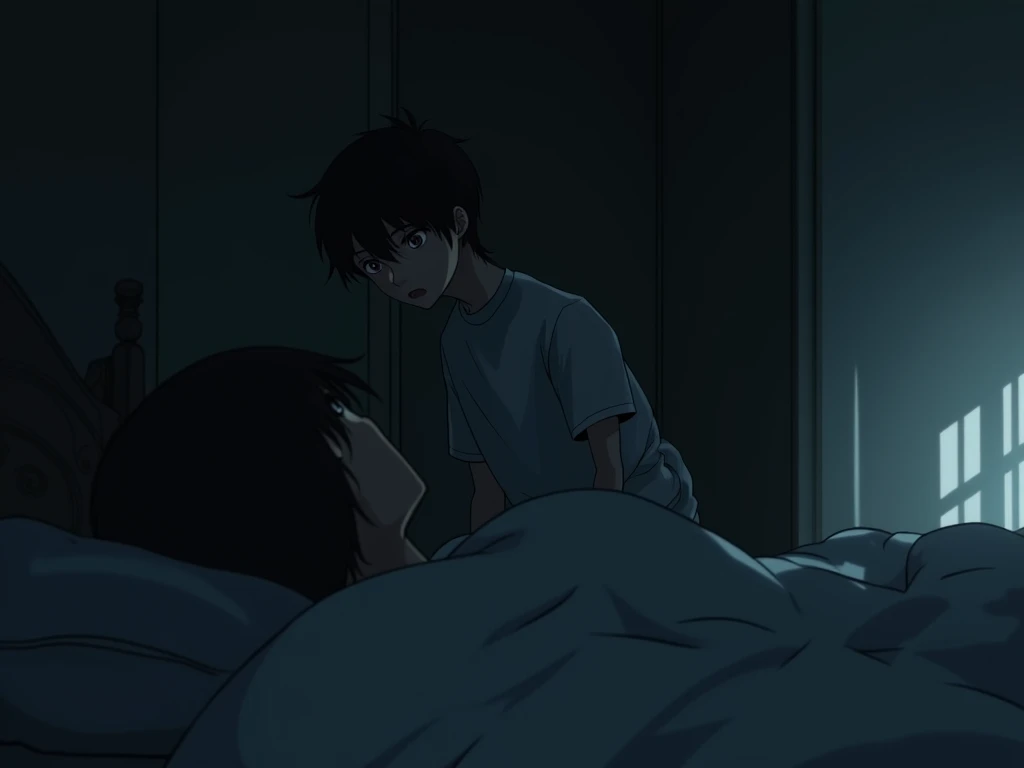 One brother was sleeping in bed and this brother was go out in bed and open the door. Night time