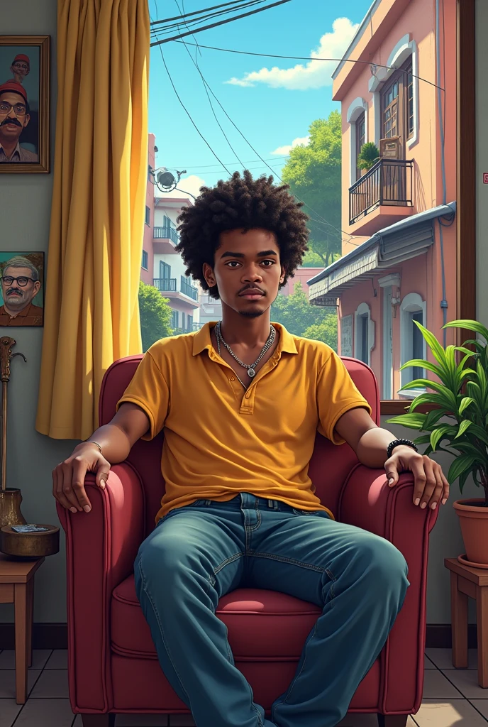 There is a man in orange shirt sitting at a table, front photo, headshot profile picture,curly hair,brown skin color