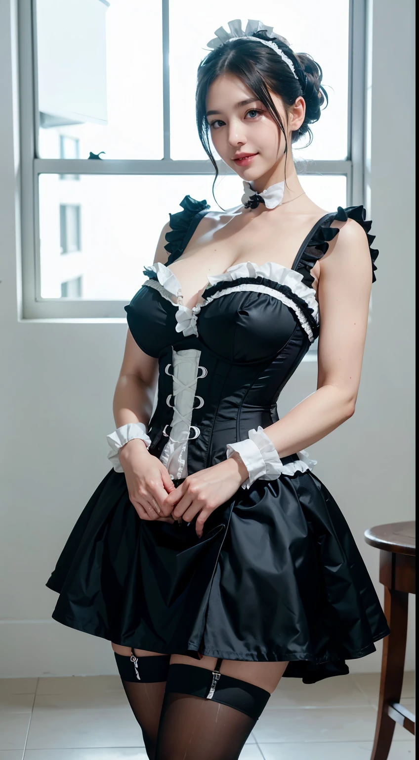 (8K, Photorealistic, Raw photo, of the highest quality: 1.3), (1girl in), Super beautiful, (Realistic face), (boyish, Silver Color Berry Shorthair), Beautiful , Glare that captivates the viewer, Beautiful expression, Beautiful breasts, (Realistic skin), Be...Super high quality, super high definition, super detailed, masterpiece, 20years old, female, cute, perfect face, beautiful, nice body, gothic lolita clothes, gothic lolita fashion, frilly skirt, headdress, necklace, bracelet, knee-high socks, boots, double eyelids, tear bags, Detailed down to the fingers, photo-like description, indoors, dim indoor lighting, big breasts, blonde hair, semi long, standing, whole body, composition that shows the whole body, smiling,Optimal ratio of 4 fingers and 1 thumb