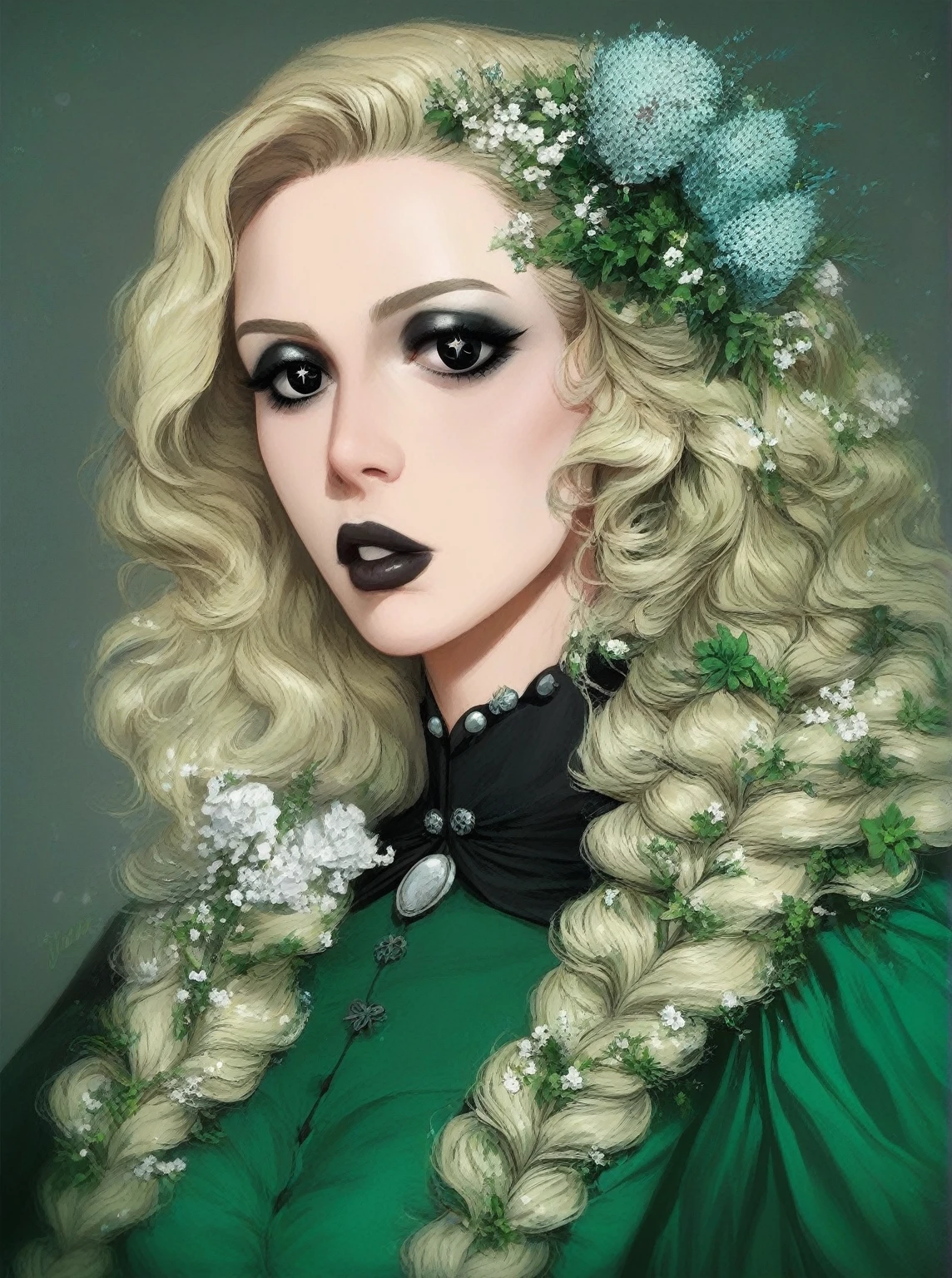 score_9, score_8_up, score_7_up, score_6_up, score_5_up, score_4_up, (masterpiece: 1.0), best quality, perfect anatomy, perfect composition, perfection, 1girl, goth aesthetic, medieval dull green dress, dull blonde hair, eyeshadow, almond shaped eyes, black eyes, black lips, flowers in hair, intricate hairstyle