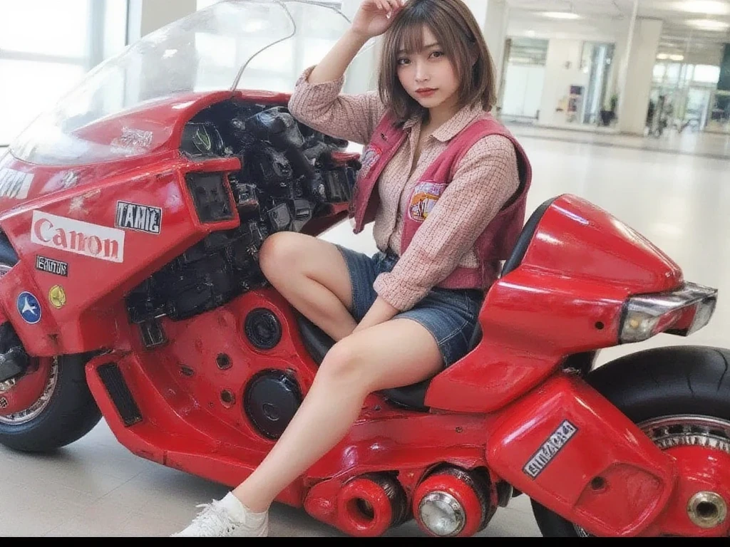 1Girl,gal,(Akira Bike),high resolution,(Photorealsitic:1.4),Raw photo,((super realistic details)),portlate,Shadow,octan render,8K,ultrasharp,light brown hair,long hair flowing with the wind,detailed face depiction,Almond-shaped sky blue eyes,long eyeslashes,shiny lip, Tsundere and playful look,low rise jeans,White cropped tank top, cleavage of the breast, big breasts thin waist, Red Down Jacket, Akira Bike Red,cycling,natta,Cyberpunk City View,Spectacular screen,