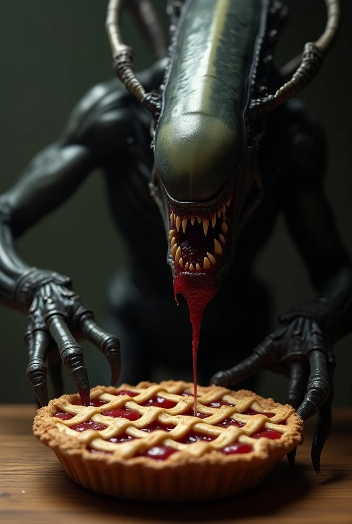 Aliens xenomorph has broken into the pantry, it is eating a donut, spaceship