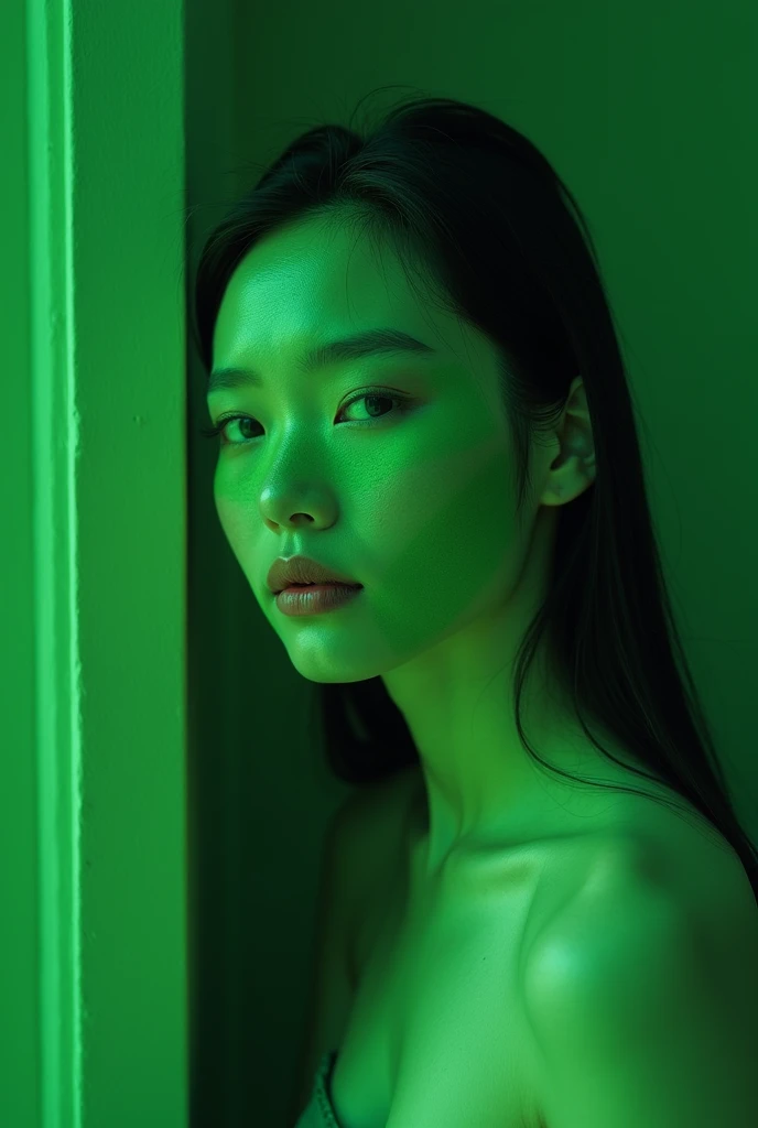 artistic rendering of a young woman figure with a geometric, pixelated effect, her face an array of monochromatic squares faintly resembling human features, accentuate with bold, vibrant green palette colors against a plain background to highlight the contrast between the subject and his abstract form, photorealistic, UHD,