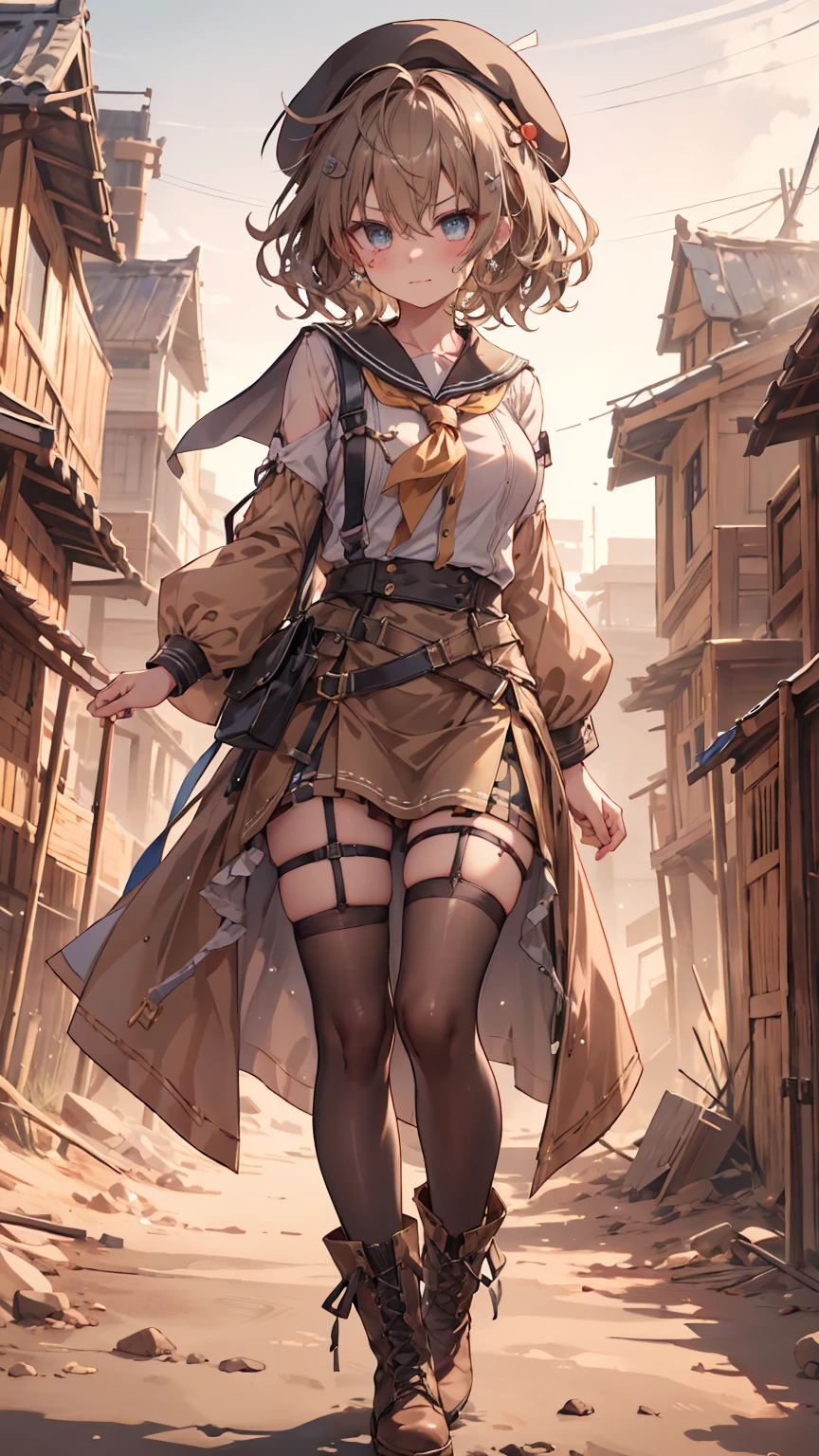 masterpiece, 1 girl, sparrow, a brown haired girl, wearing a sailor clothes, curly short hair, messy hair, slim body, he close her left eye, shirt ornament, ruby eyes, ahoge, baby face, beautiful eyes, boots, droopy eyes, her age is 19, short hair, curly hair, MongolPunkAI, view from right down, lend a hand to you, he very close to you, smug smile, rainbow_one, brown tunic shirt, brown flared skirt, beret, priestess, high quality, 8k, student, big breasts, beautiful breasts, white stocking, long sleeves, shsparkle, angry face