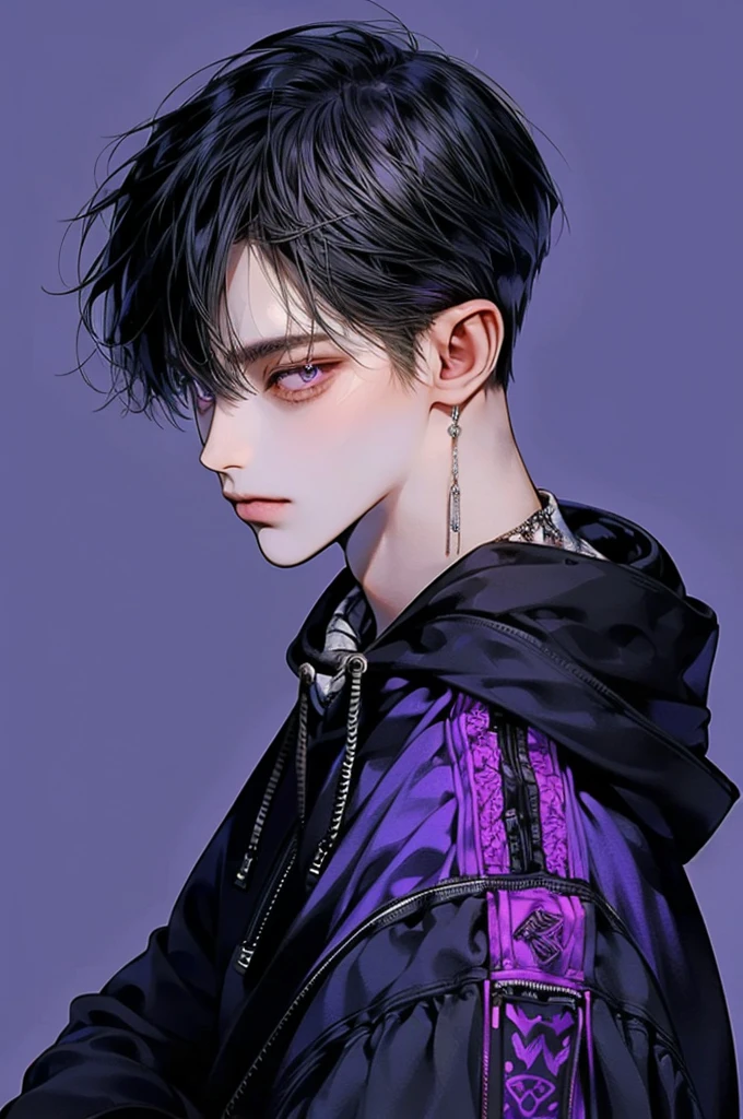 masterpiece, best quality, Detailed Eyes, high quaility, 1 male, male, 1 boy, gentle, soft, handsome, tall, black hair, purple eyes, have a broad shoulders, One person, a hadsome man, Korean man, cool man, undercut, ((짧은 머리)), skinny, ((simple backgroud)), ((be wearing a hoodie))