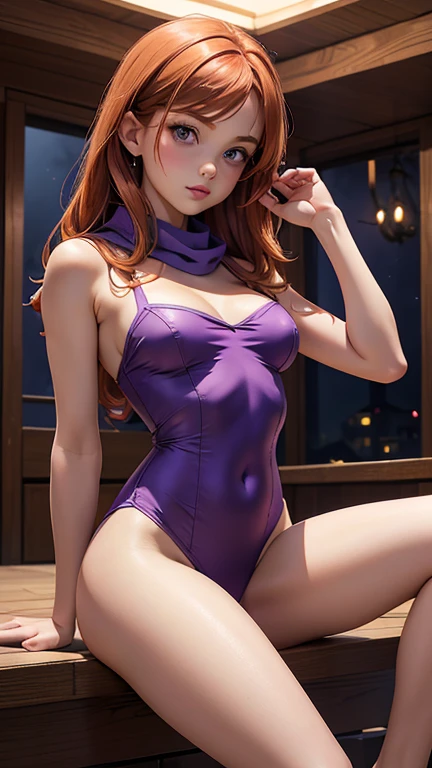 Daphne Blake, beautiful and delicate sexy woman, young, ginger hair, ojos color violeta, mini dress purple color, scarf green, skinny body, (((large beautiful breasts))), (((small and beautiful buttocks))), purple shoes, sensual, mysterious, Sitting, Legs wide Open, sinister background, she is in a wooden house with ghosts, Dark atmosphere, full moon, cemetery, night, High resolution, masterpiece, The best quality, Very detailed, photorealistic, realism, 