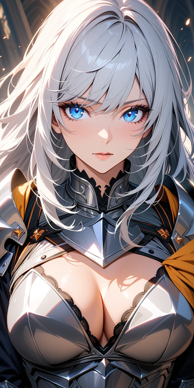 masterpiece, best quality, very aesthetic, absurdres, 1girl, knight, armored dress, silver armor, chest armor, mature female, long hair, silver hair, bangs, perfect eyes, blue eyes, gallant, upper body, cleavage, ultra-detailed, soft light