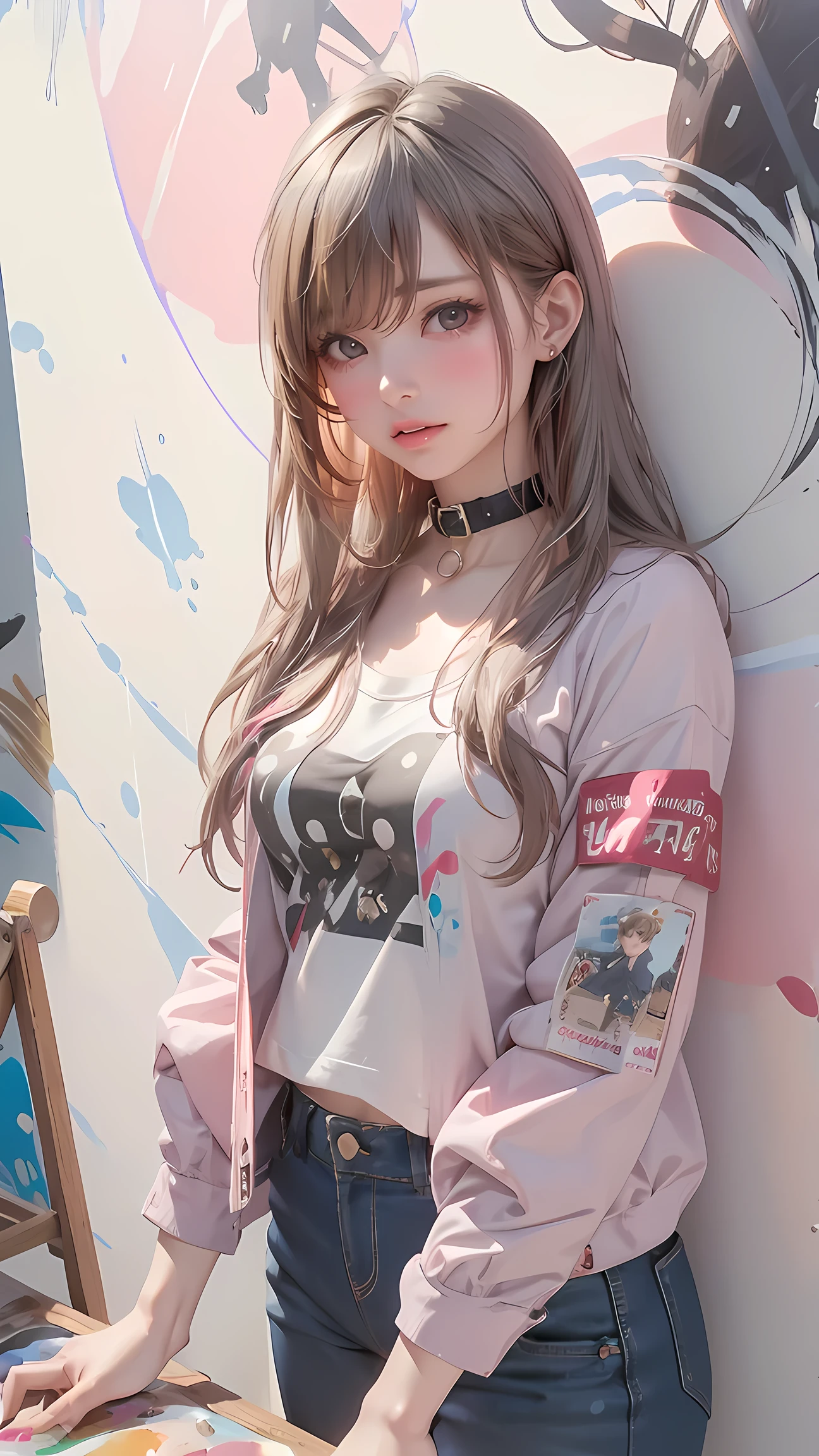 Ayaka Kamiuri |genshin impact, Masterpiece , most, 1 female,2, proportion body, slender legs, , proportion., Jacket สวมทับชุดเดรสสีขาว, Pants Short jeans , Medium Chest , ,only, Jacket , collar, ( Wall painting :1.5), that splashed violet-blue ., put your hands behind , Leaning against a wall, , View viewers from the front., Leg strap, Tilt your head, boring ,( National Agency for Technological Development .:1.2), (10, most, Masterpiece : 1.4), Gray hair, very high resolution , (lifelike, Realistic Portrait : 1.48), (View through Jacket .), Japanese famous actor , Clear Eyes , Tilt your head, Cowboy Shooting , from the front, View Audience, Poker face, lagoon, Zeiss lenses 150mm . f/2.0/2.0/ 2. 8 Hasselblad , feet, Extremely wide angle , Sexy girl in & cites ; Unrealistic graphics & cites ;, text on OK and a tight denim skirt posing for a photo., paired with a short t-shirt , OK, , thin, thin girl model, Soaked ตะลึง , Soaked, 2 model, Long grey hair, lying on the bed ,Polishing ,cute, paired with a short t-shirt , OK, thin body, thin girl model, model,According to,Gray hair