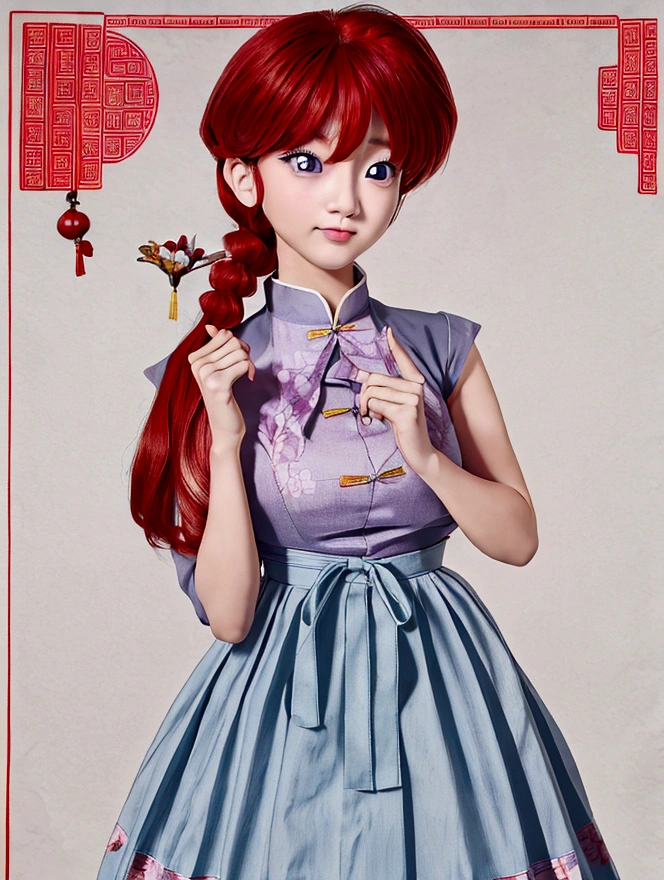 Create Female Ranma, Clear outline, Full body color photo, ( Beautiful and delicate eyes), ( pretty face:1.3), Wakaki's Smiling Face , long red hair， Bangs,  blue-gray eyes ,  big eyes， Chubby  ，(Chinese Hansel :horse face long skirt),top:  Fit Purple Chiffon High Waist Loose Elegant Nine Split Pleated Long Skirt(actual:1.2),(Floral),   (actual上下身衣服是:3.7. Scale)。