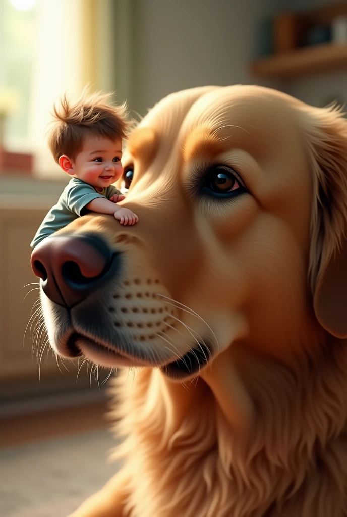 The adventures of Tony and his pitbull pearl, Toninho na cor marrom, a happy little boy Disney style and pearl his pitbull in brown color with a white and brown snout