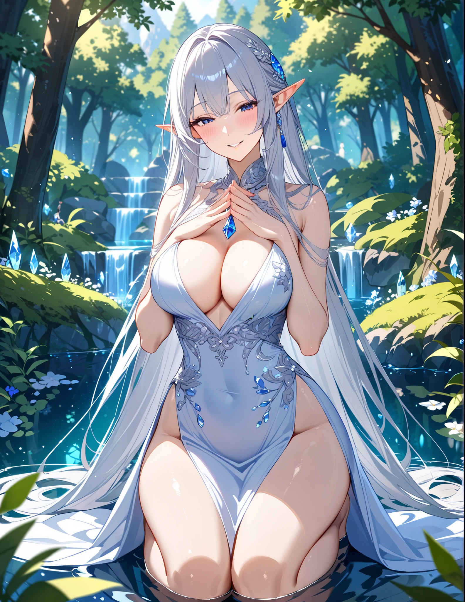 cowboy shot, praying, kneeling, head tilt, elegant smile, half-closed eyes, blush, beautiful mature elf woman, silver hair very long hair, pointy ears, A one-piece dress decorated with beautiful hoseki, cleavage, large chest, fantasy theme, beautiful scenery forest, A beautiful and crystal clear pond, masterpiece, best quality, ultra detailed, highly detailed skin, intricate detailed