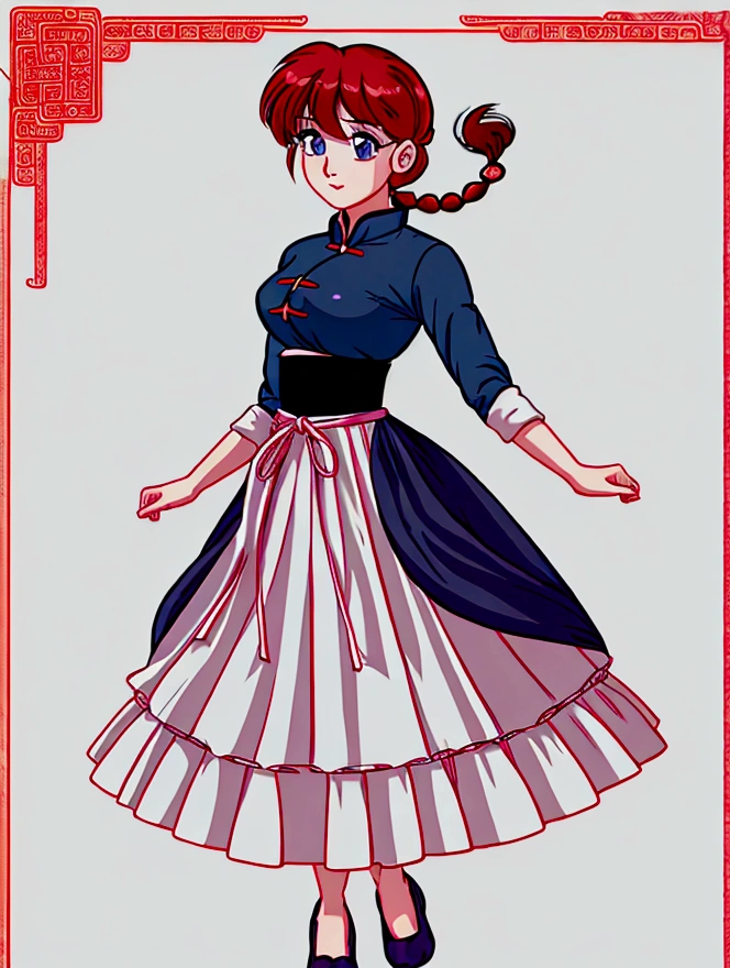 Create Female Ranma, Clear outline, Full body color photo, ( Beautiful and delicate eyes), ( pretty face:1.3), Wakaki's Smiling Face , long red hair， Bangs,  blue-gray eyes ,  big eyes， Chubby  ，(Chinese Hansel :horse face long skirt),top:  Fit Purple Chiffon High Waist Loose Elegant Nine Split Pleated Long Skirt(actual:1.2),(Floral),   (actual上下身衣服是:3.7. Scale)。