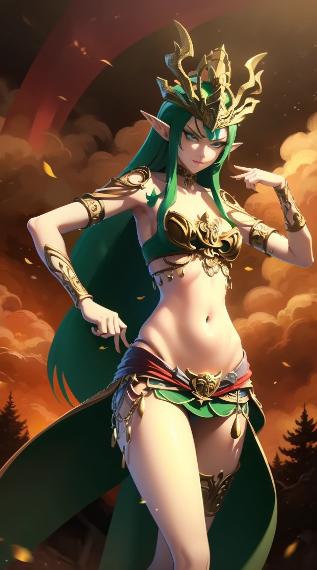 (An elven princess)  brave, Cruel, Green hair, 25 years old, in a fighting stance. A disdainful face, evil face, green bikini, sexy body, sexy legs, Cyan Eyes, a small crown on the head.  in front of a forest background 