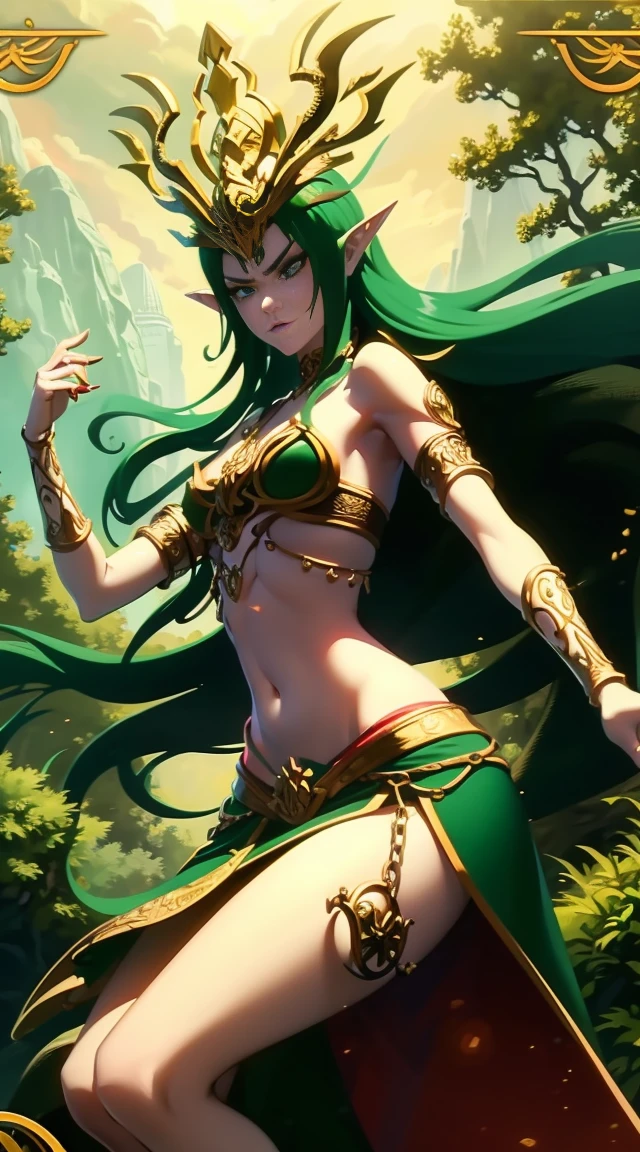 ((best quality)), ((masterpiece)), ((realistic)), Medusa, full body, the hair is composed of countless small snakes, green eyes, cleavage, medium breasts, bare shoulders, exposed belly, thighs, exposed skin, female face, metal carved top, royal aura, trend on artstation , sharp focus, studio photo, intricate detail, very detailed, detailed eye, illustration, very detailed, sharp focus, digital render, professional, 4k