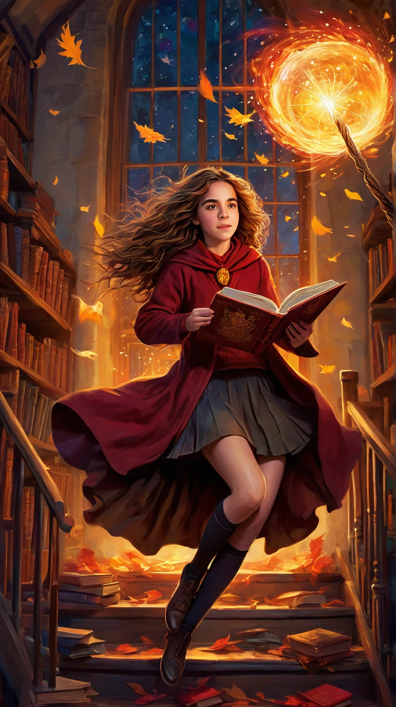 hermione granger, with a mane of unkempt brown hair, beautiful and charming girl, enjoys reading, hogwarts school of witchcraft and wizardry gryffindor student flying on a broom, whimsical, fantasy, illustrated in the style of mary grandpré, magical, vibrant colors, mystical lighting, playful atmosphere, warm and cozy color palette with splashes of scarlet and gold