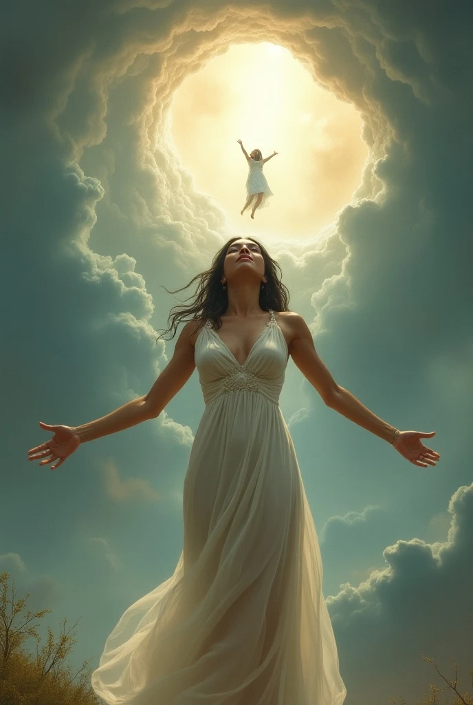 Woman with long dark hair and a light dress receiving the crown from God's hands with a light blue sky background 