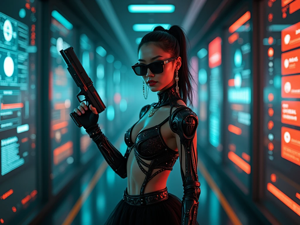Cyberpunk female plagiarist immersed in digital theft, neon-lit alias within a vast online labyrinth, grotesque grunge brushing into surrealism, illuminated by kaleidoscopic volumetric light, a detailed masterpiece reminiscent of Moebius' distinctive style, deep focus, heightened depth field, psychedelic undertones amplified in a cinematic shot, aerial view of cyberpunk city at night, (1girl, solo), photo realistic, large-breast:1.4 D-cup slim body, cleavage:1.4, slim face, off broken mini sling-shirt and black sling bra, extremely short white pleated miniskirt, micro panty, (matrix style black micro sunglasses), (holding a short gun), half-body thigh level medium shot, cinematic lighting, ray tracing.