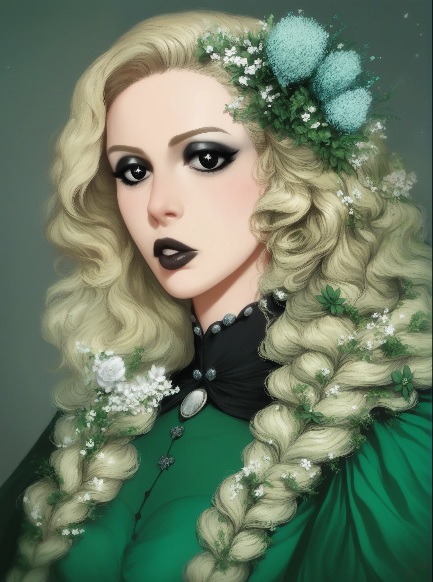 score_9, score_8_up, score_7_up, score_6_up, score_5_up, score_4_up, (masterpiece: 1.0), best quality, perfect anatomy, perfect composition, perfection, 1girl, goth aesthetic, medieval dull green dress, dull blonde hair, eyeshadow, almond shaped eyes, black eyes, black lips, flowers in hair, intricate hairstyle