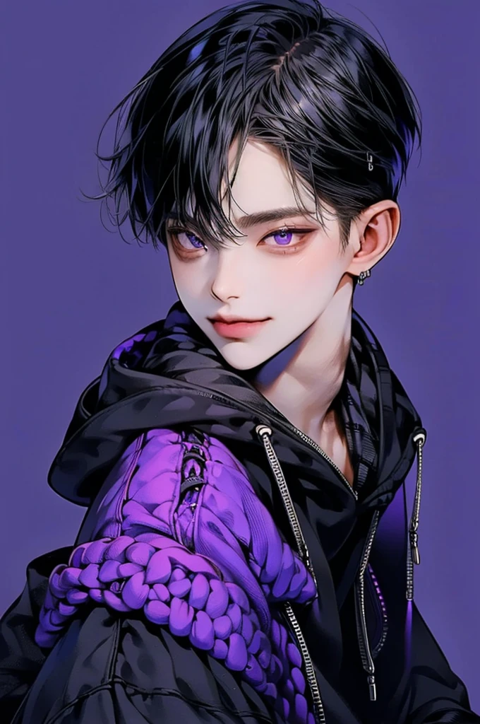 masterpiece, best quality, Detailed Eyes, high quaility, 1 male, male, 1 boy, gentle, soft, handsome, tall, black hair, purple eyes, have a broad shoulders, One person, a hadsome man, Korean man, cool man, undercut, ((짧은 머리)), skinny, ((simple backgroud)), ((be wearing a hoodie)), smile