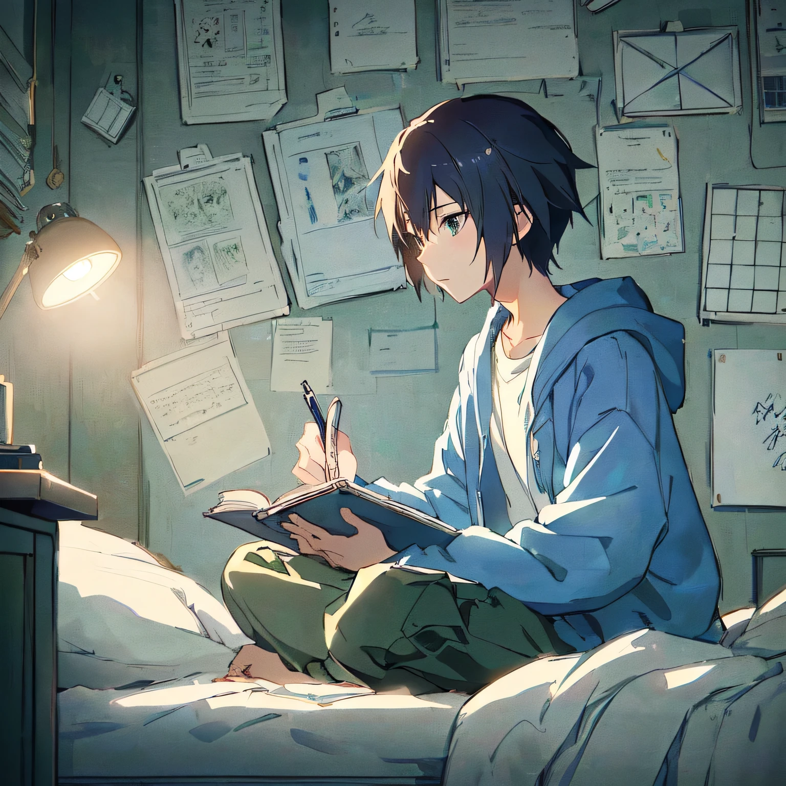 menino de アニメ sentado na mesa com lâmpada e livros no quarto, style of makoto shinkai, ( ( makoto shinkai ) ), アニメ. soft lighting, makoto shinkai. —h 2160, Art Style Makoto Shinkai, studio lightly makoto shinkai, in style of makoto shinkai, Makoto Shinkai style, iluminação de アニメ