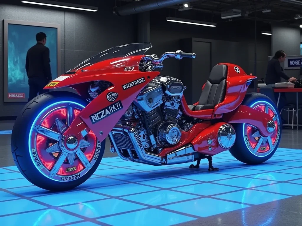 Akira Bike,(masterpiece:1.2,Exceptional Quality,Mirror-like,Cinematic Experience,best illustration:2.0,Super detailed),8k,wallpaper,(Future Hyper bike blueprint:2.0),(detailed Hyper bike description data :2.0),(3D hologram Hyper bike :2.0),(blue square line floor:2.0),(cyberpunk:2.0),(future:2.0),(bike Machinery:2.0),("DICE" hologram logo),(square line wall :2.0)