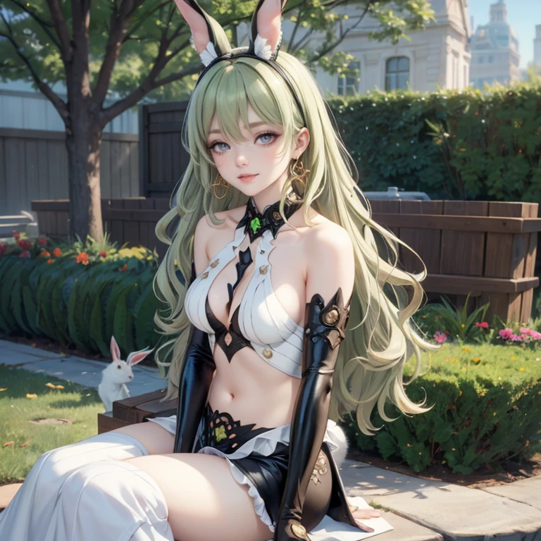 Mobius (honkai impact), honkai (series), honkai impact 3rd, asymmetrical gloves, bangs, earrings, elbow gloves, solo, gloves, green eyes, green hair, hair between eyes, jewelry, long hair, looking at viewer, 1girl, dress, jewelry, glow hair, garden scenery, flowing hair, ahoge, armpits, black rabbit ears, rabbit tail, Bunny girl, solo, black bunny ears, Cute pose, sitting on the grass, Showing the whole body, Front view, maid dress, maid white apron, Beautiful Eyes, Plump and glossy lips, maid dress with too many frills, black dress, white laces, green gem, frills, garden scene, gold jewelry, more details, best quality, Big sparkling eyes, blushing, sparkle, solo, centered girl, cowboy shot, frills, luxury details, gold jewelry, more details, best quality, Big sparkling eyes, blushing, sparkle, centered girl, solo, stomach, strapless, streaked hair, thigh gap, thighs, tube top, very long hair