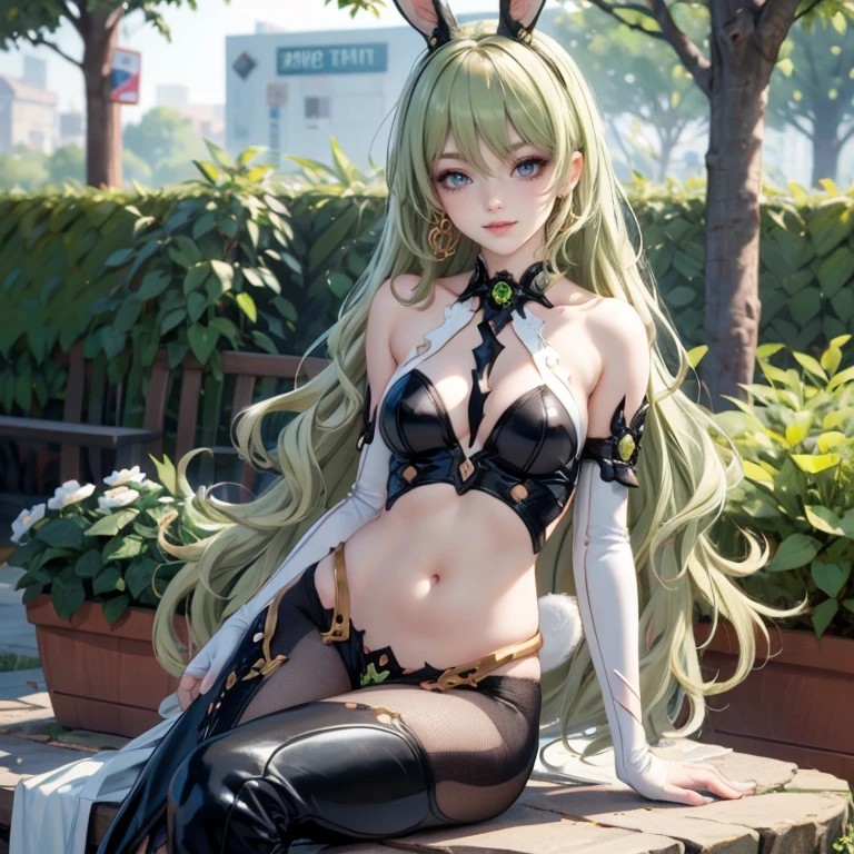 Mobius (honkai impact), honkai (series), honkai impact 3rd, asymmetrical gloves, bangs, earrings, elbow gloves, solo, gloves, green eyes, green hair, hair between eyes, jewelry, long hair, looking at viewer, 1girl, dress, jewelry, glow hair, garden scenery, flowing hair, ahoge, armpits, black rabbit ears, rabbit tail, Bunny girl, solo, black bunny ears, Cute pose, sitting on the grass, Showing the whole body, Front view, maid dress, maid white apron, Beautiful Eyes, Plump and glossy lips, maid dress with too many frills, black dress, white laces, green gem, frills, garden scene, gold jewelry, more details, best quality, Big sparkling eyes, blushing, sparkle, solo, centered girl, cowboy shot, frills, luxury details, gold jewelry, more details, best quality, Big sparkling eyes, blushing, sparkle, centered girl, solo, stomach, strapless, streaked hair, thigh gap, thighs, tube top, very long hair