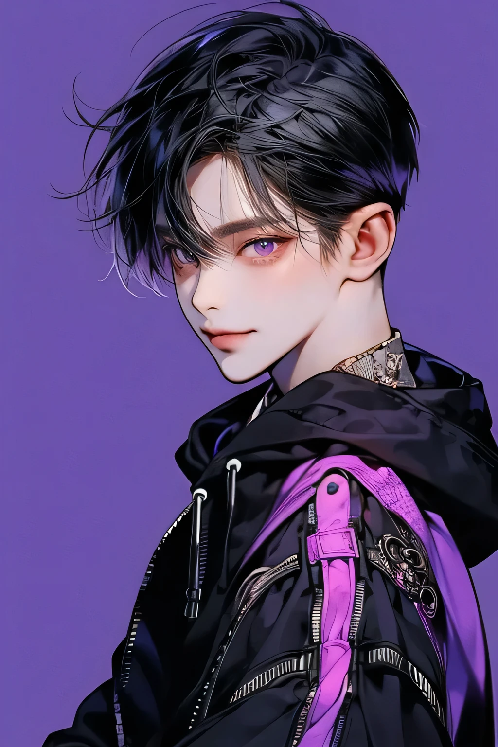 masterpiece, best quality, Detailed Eyes, high quaility, 1 male, male, 1 boy, gentle, soft, handsome, tall, black hair, purple eyes, have a broad shoulders, One person, a hadsome man, Korean man, cool man, undercut, ((짧은 머리)), skinny, ((simple backgroud)), ((be wearing a hoodie)), smile