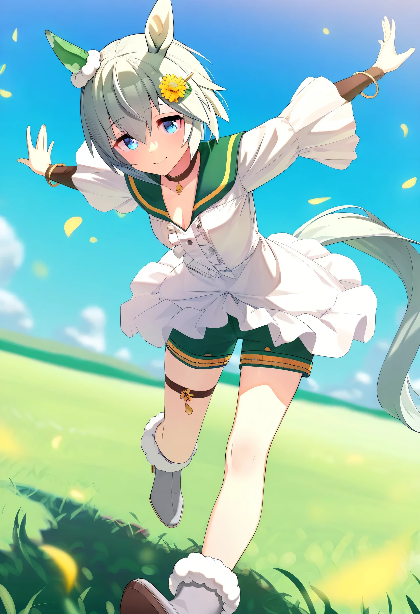  ((1 girl)), umamusume, seiun sky, running on the grass, sunny, blue sky, smile, outstretched arms, single ear cover, hair flower, hairclip, brown choker, green sailor collar, white shirt, center frills, jewelry, bracelet, layered sleeves, short over long sleeves, wide sleeves, white dress, green shorts, short shorts, single thigh strap, fur-trimmed boots, grey footwear, high heels, hand, body without discomfort, chest, modest cleavage, small curvaceous, small breasts, ((masterpiece)), (best quality), (absurdres), (ultra detailed), (very aesthetic)