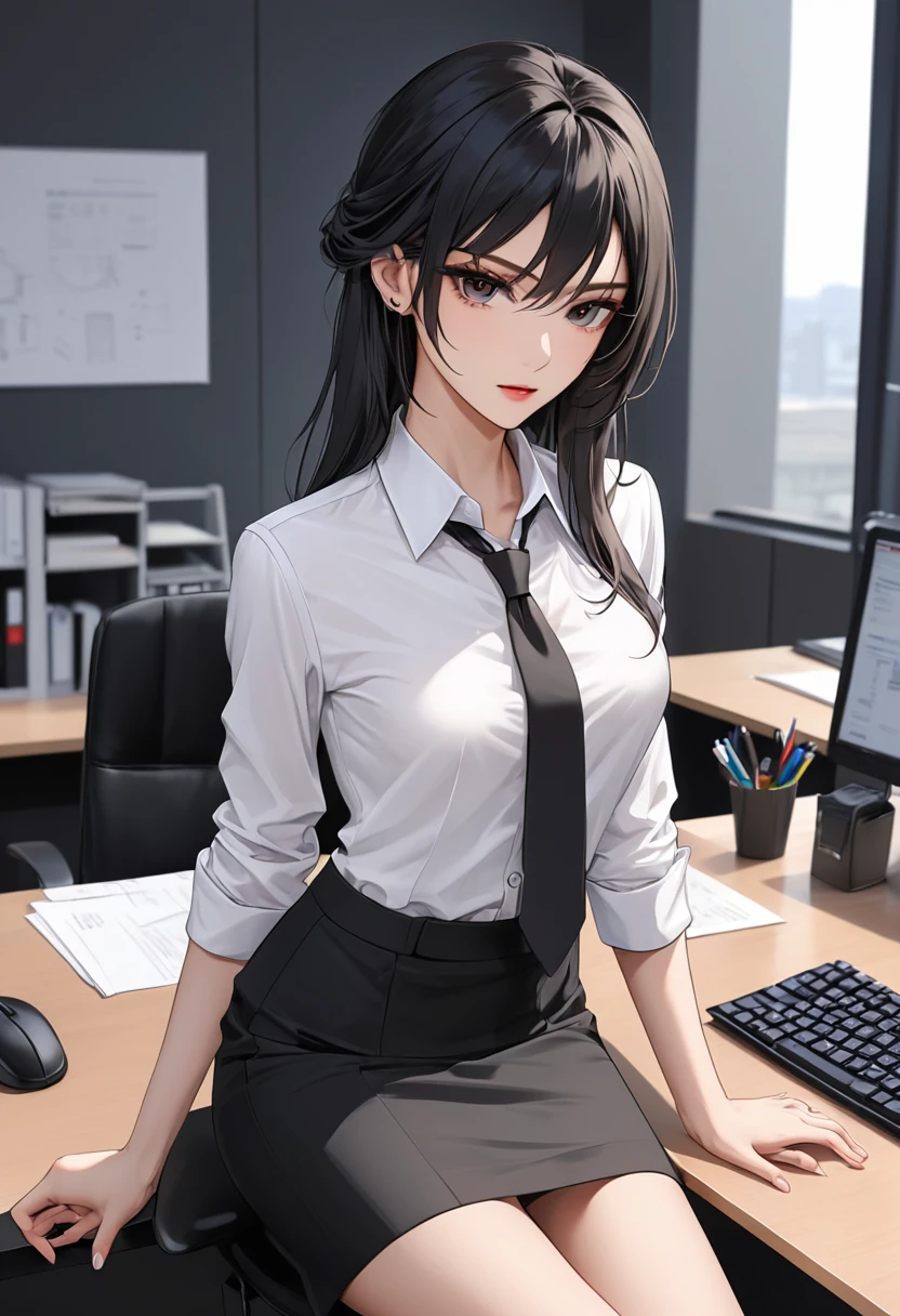 Латиноамериканка, arafed woman in a black skirt and white shirt sitting in front of a computer, office clothes, girl in a suit, girl in suit, wearing a strict business suit, business woman, wearing a blouse, in strict suit, on a desk, in a business suit, wearing business suit, wearing a shirt with a tie, attractive girl, sexy look, загар