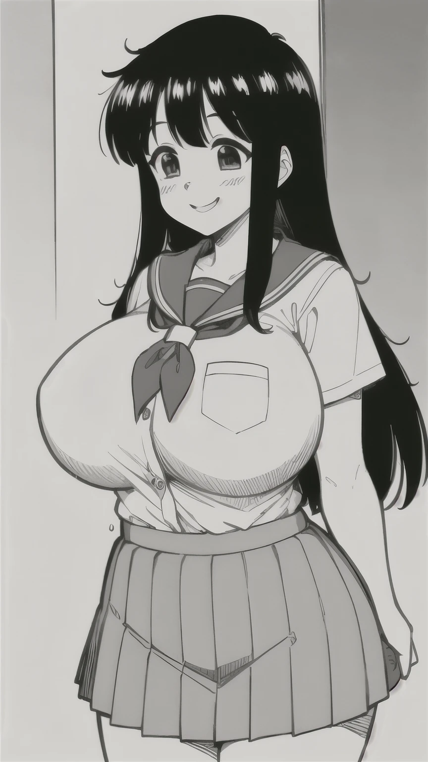 nsfw,masterpiece,highest quality,One high school girl,Long black hair,Embarrassing,smile,(Huge breasts with a slight sagging:1.2),Short sleeve,Cute Sailor Suit,Pleated skirt,Sailor scarf,socks,loafers,Street,Monochrome,Line art,Upper body photo