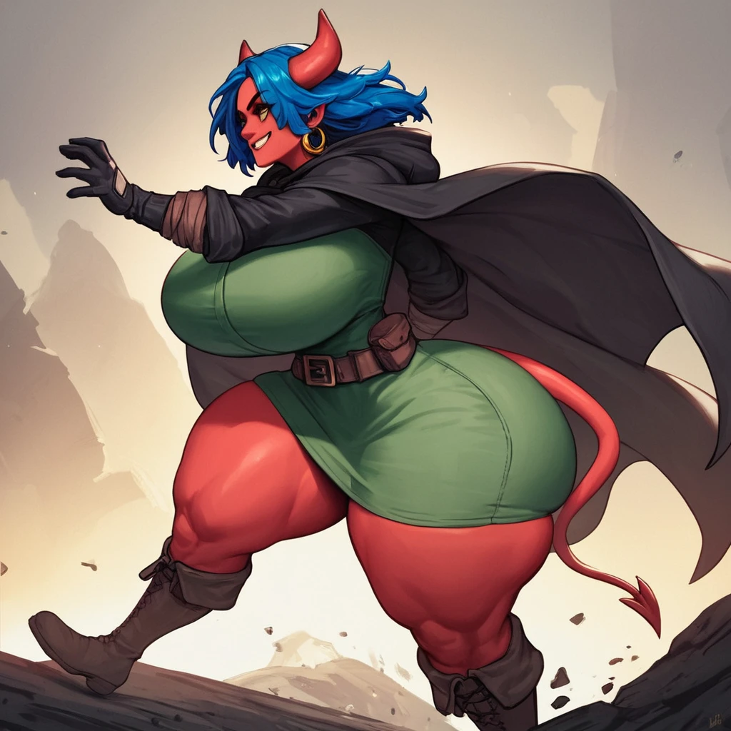 score_9, score_8_up, score_7_up, score_6_up, score_5_up, score_4_up, source_furry, by yboon, cowboy shot BREAK 1girl, thicc, big butt, thigh high boots, rogue, bandit, black hooded cloak, cloak, hood, Long Hair, Bangs, massive thighs, massive breasts, wide hips, massive hips, large breasts, large thighs, large breast, medium hair, naby blue hair, sneaking, huge butt, huge boobs, gigantic butt, gigantic ass, gigantic boobs, black gloves, wearing clothes, running, golden rings, golden earrings, Curtained Hair, confident, smiling, red horns, demon tail, red skin,