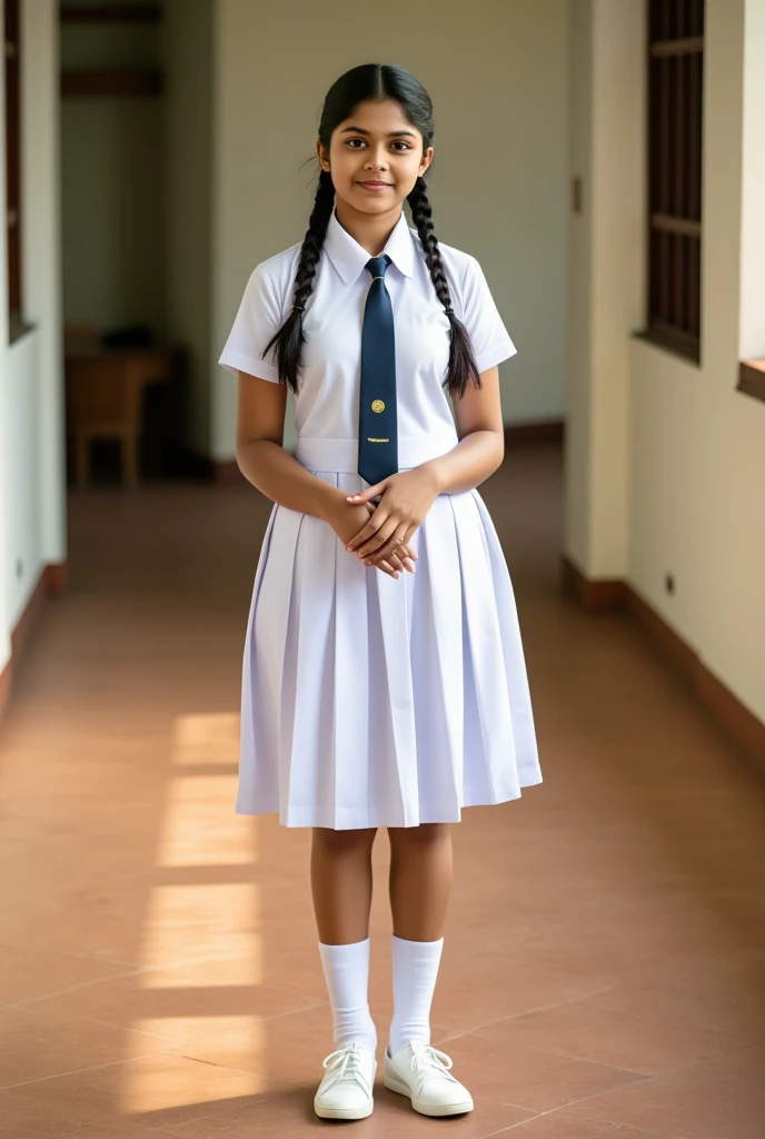 a beautiful cute young teen school girl, sri lanka , medium chest size , detailed white frock uniform, standing , white shoes and socks , full body , wide photo ,cinematic lighting, hyperrealistic, photorealistic, 8k, masterpiece, warm colors, natural lighting , high quality, intricate details