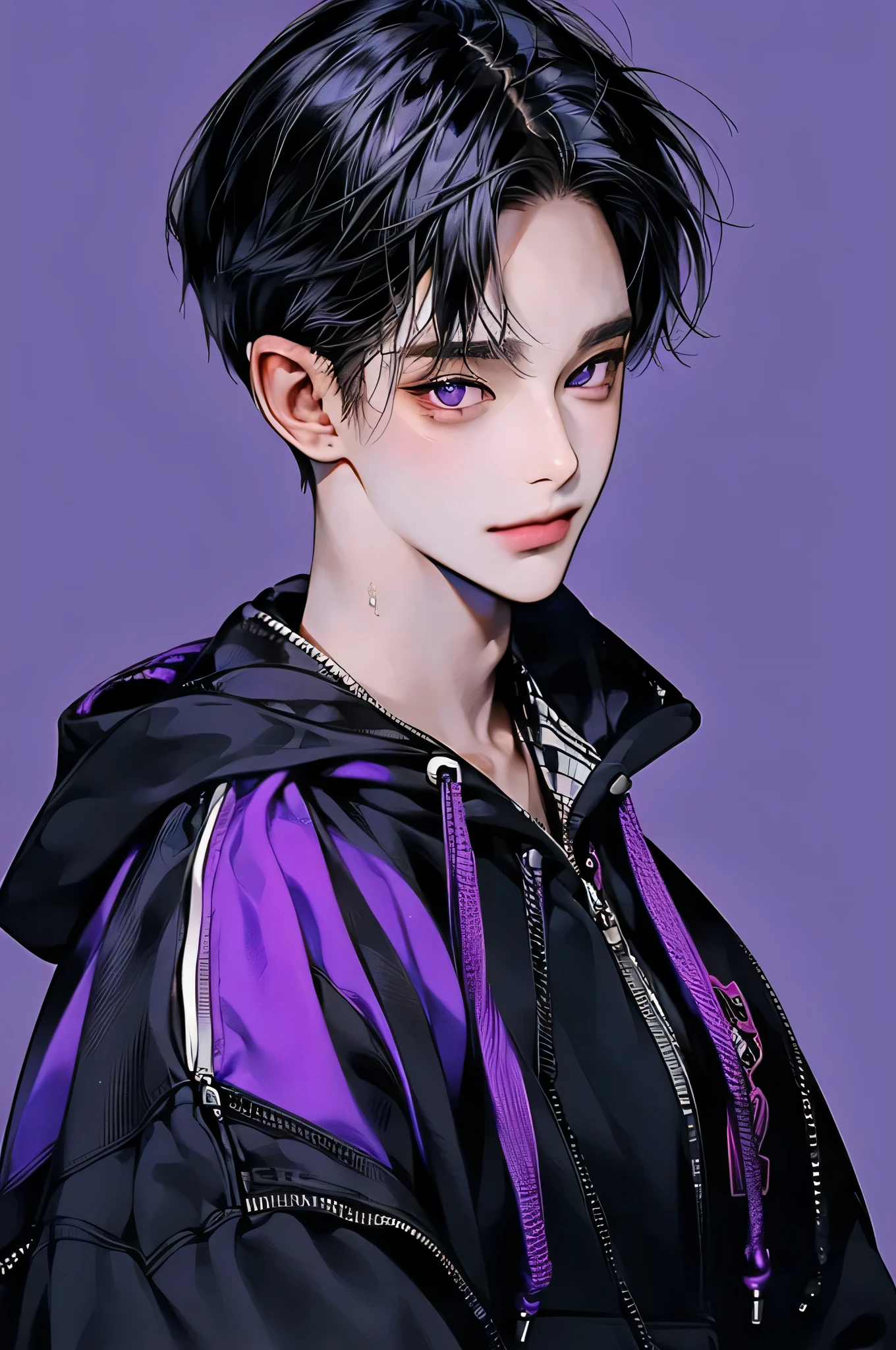 masterpiece, best quality, Detailed Eyes, high quaility, 1 male, male, 1 boy, gentle, soft, handsome, tall, black hair, purple eyes, have a broad shoulders, One person, a hadsome man, Korean man, cool man, undercut, ((짧은 머리)), skinny, ((simple backgroud)), ((be wearing a hoodie)), smile