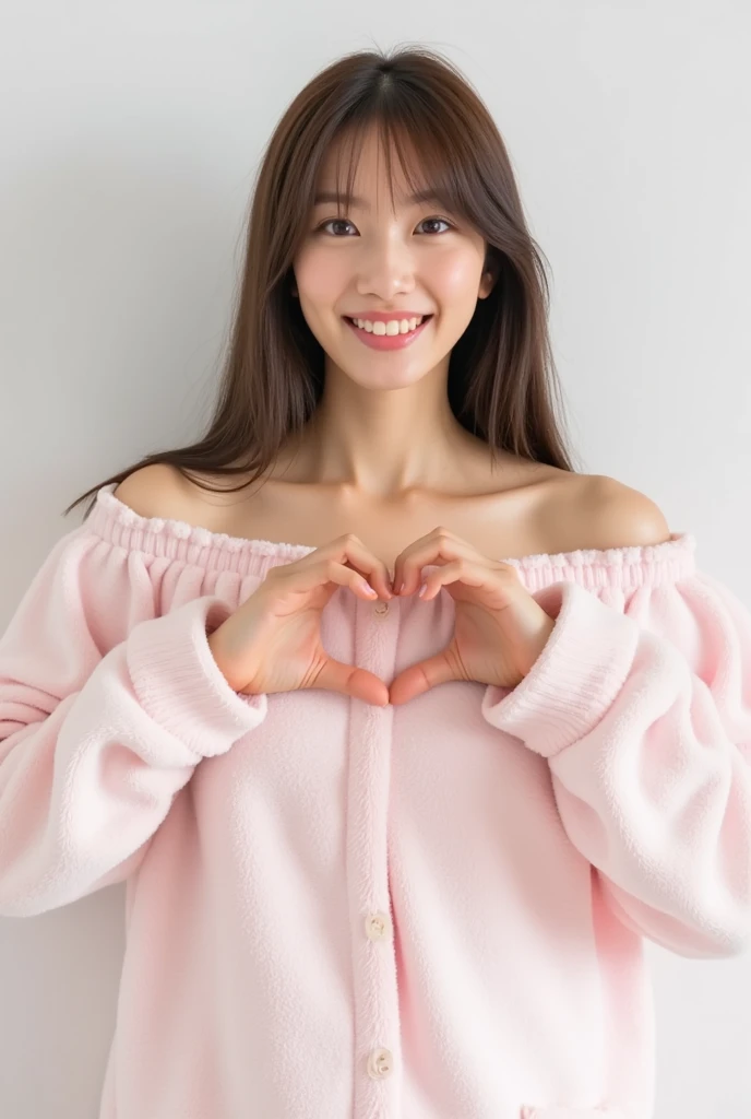 Only one woman with a cute smile wears cute, fluffy off-shoulder pajamas, makes a big heart shape with both hands, and poses them in front of her chest, View above collarbone、The background is a monotone 

