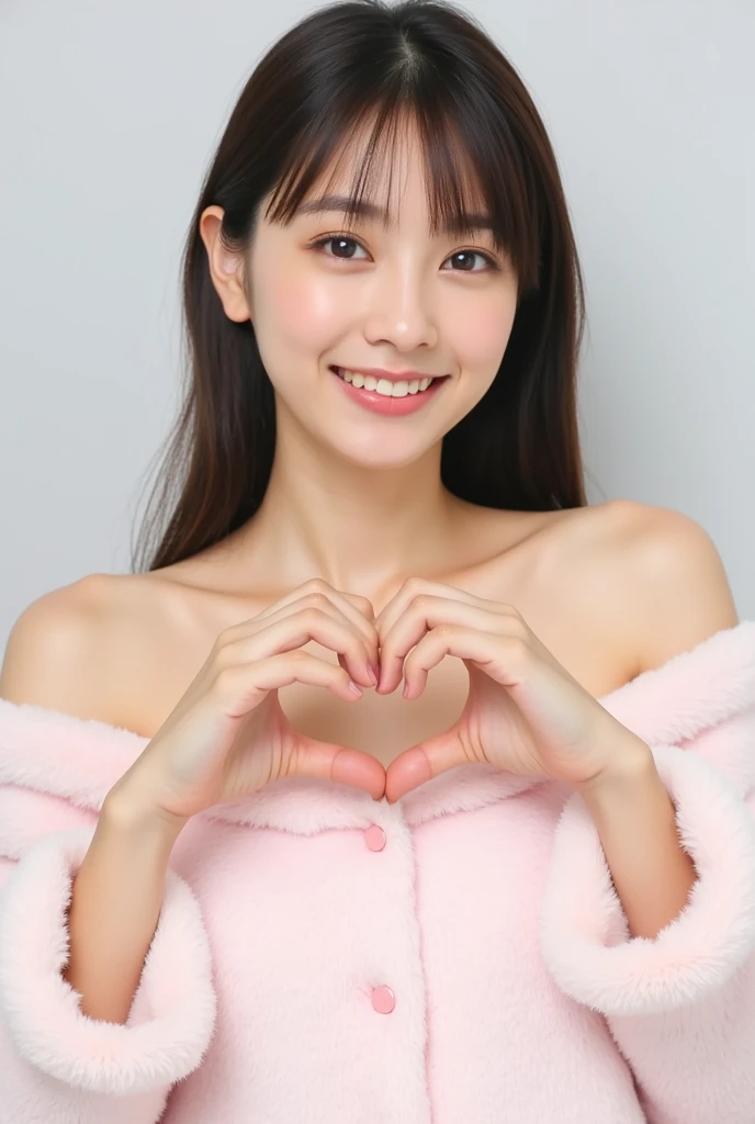 Only one woman with a cute smile wears cute, fluffy off-shoulder pajamas, makes a big heart shape with both hands, and poses them in front of her chest, View above collarbone、The background is a monotone 

