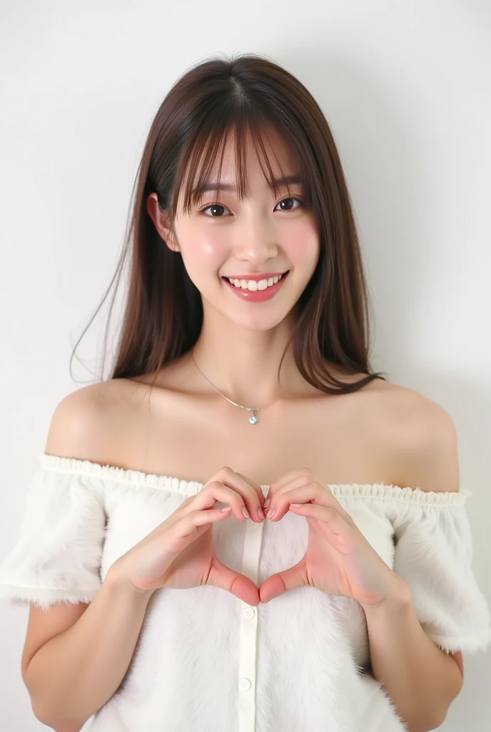 Only one woman with a cute smile wears cute, fluffy off-shoulder pajamas, makes a big heart shape with both hands, and poses them in front of her chest, View above collarbone、The background is a monotone 

